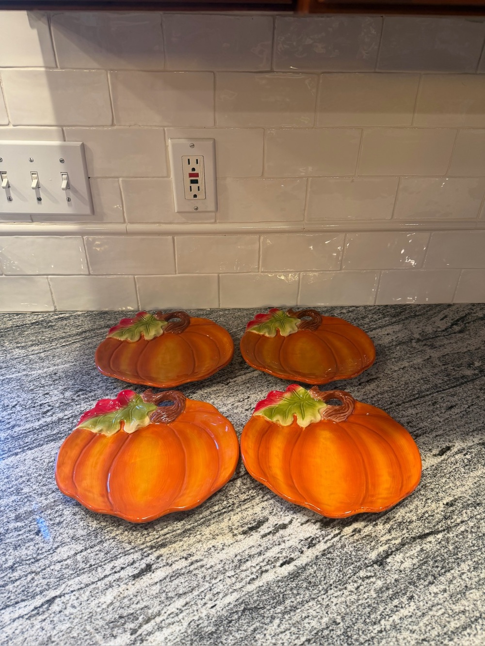 Pier 1 Imports Raised Relief Pumpkin Plates 8.75" Hand Painted Dolomite Set of 4